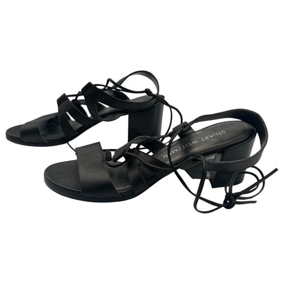 Stuart Weitzman Tiegirlbingo Lace Up Strappy Leather Block Heel Sandal Black 6.5 - Picture 3 of 6